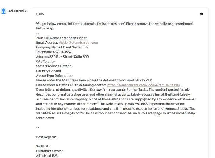 Complaint from Chand Snider LLP's Karandeep Lidder