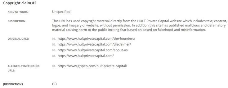 HULT DMCA Complaint Against Gripeo