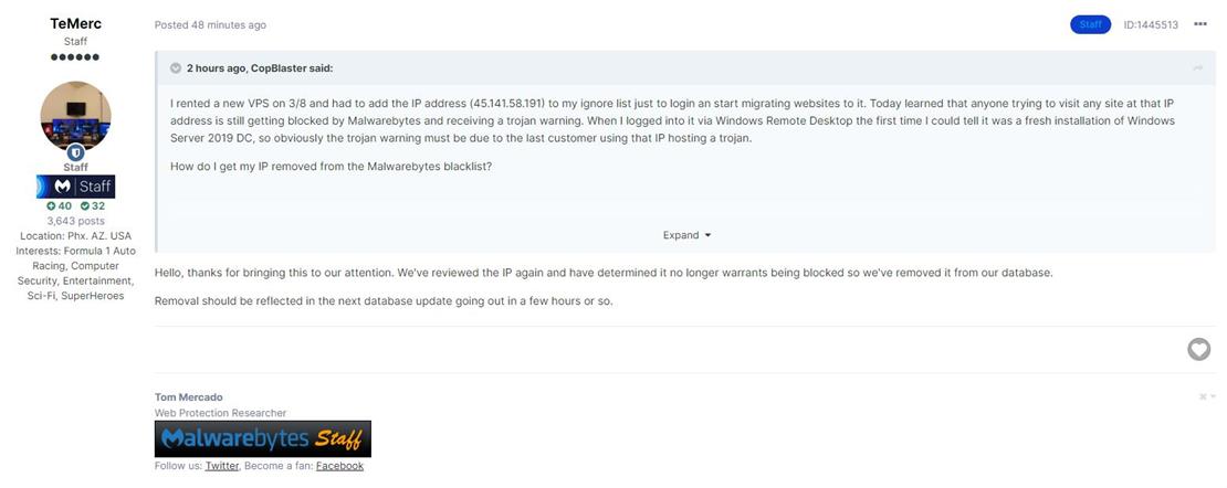 Malwarebytes Removes IP Address from Blocklist
